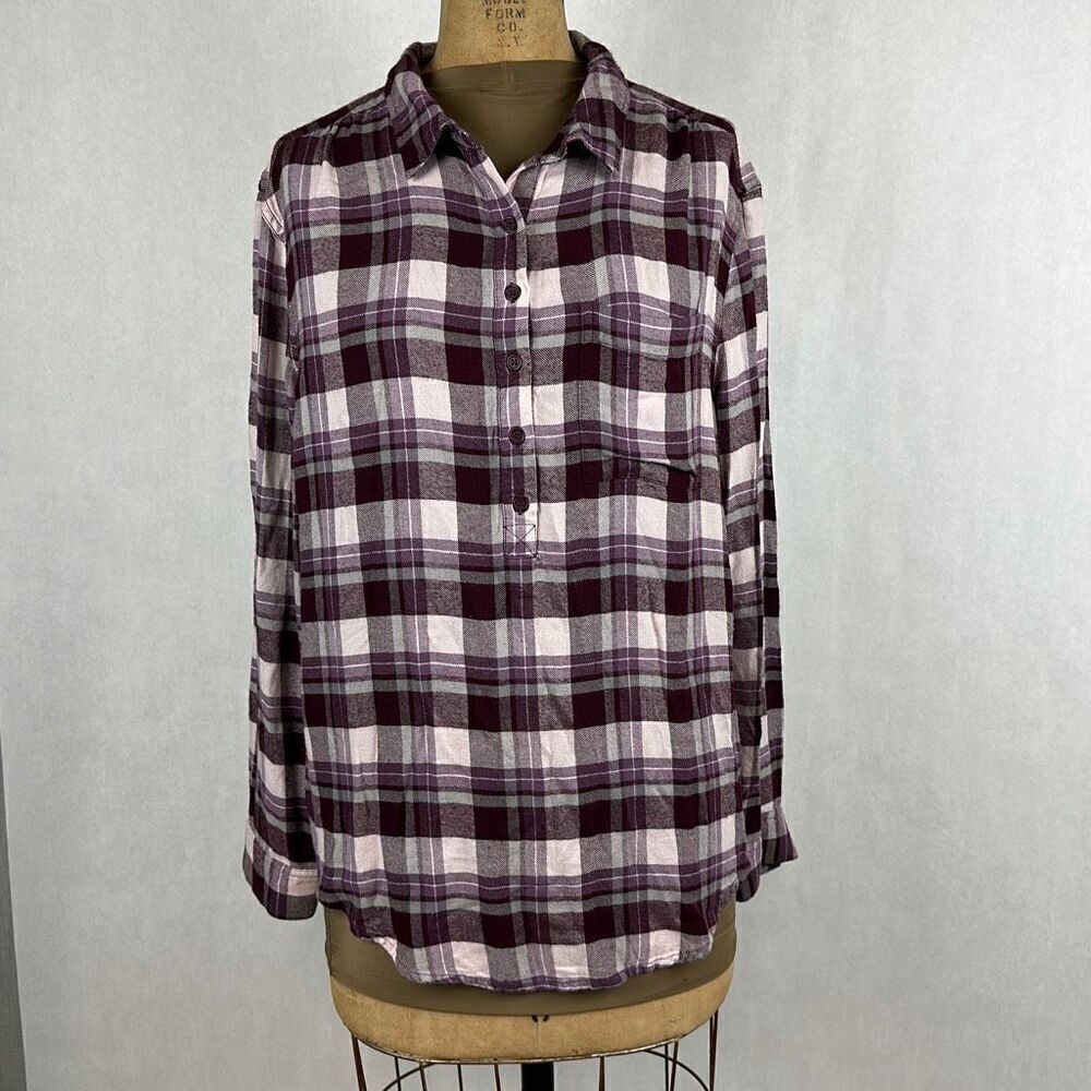 Melloday Flannel Pullover Shirt Tunic Purple Plaid Size Large Soft